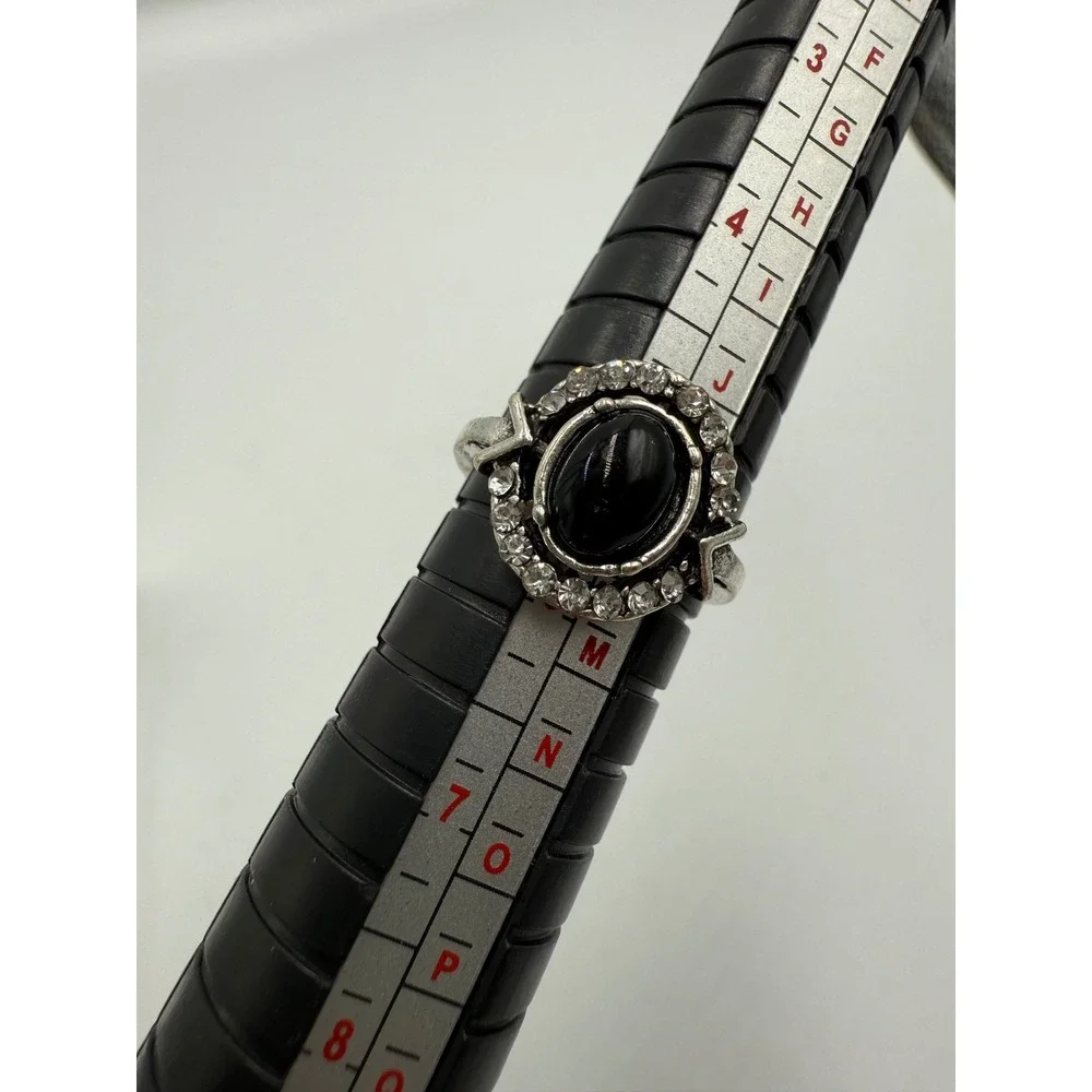 Vintage Style Black Cabochon Rhinestone Halo Silver Tone Statement Ring Sz 6.25